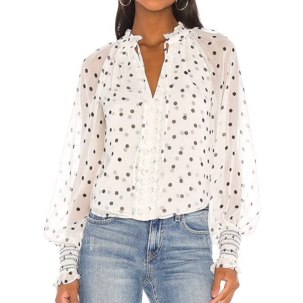 TULAROSA Andora chiffon tulle and lace polka dot black and white sleeved blouse